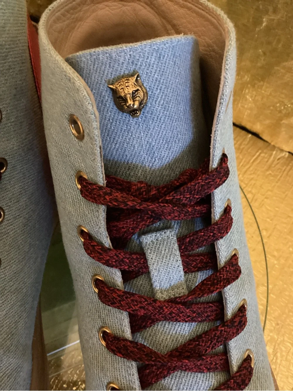 Gucci Light Blue Denim High-Top Sneakers with Red, Gold, Silver Accents